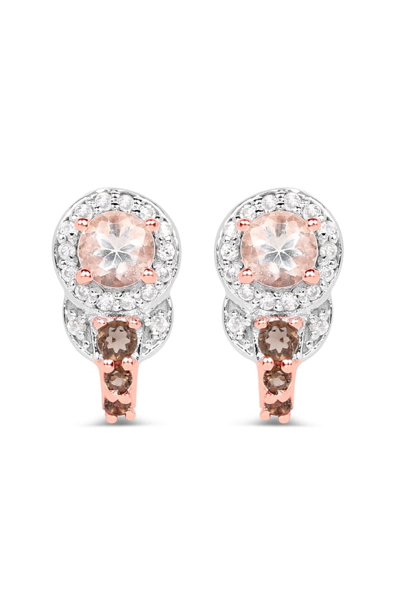 925 Sterling Silver 1.38Ct Round Cut Morganite, Smoky Quartz & Diamond Push Back Ladies Stud Earring's 14K Rose Gold Plated For Women's