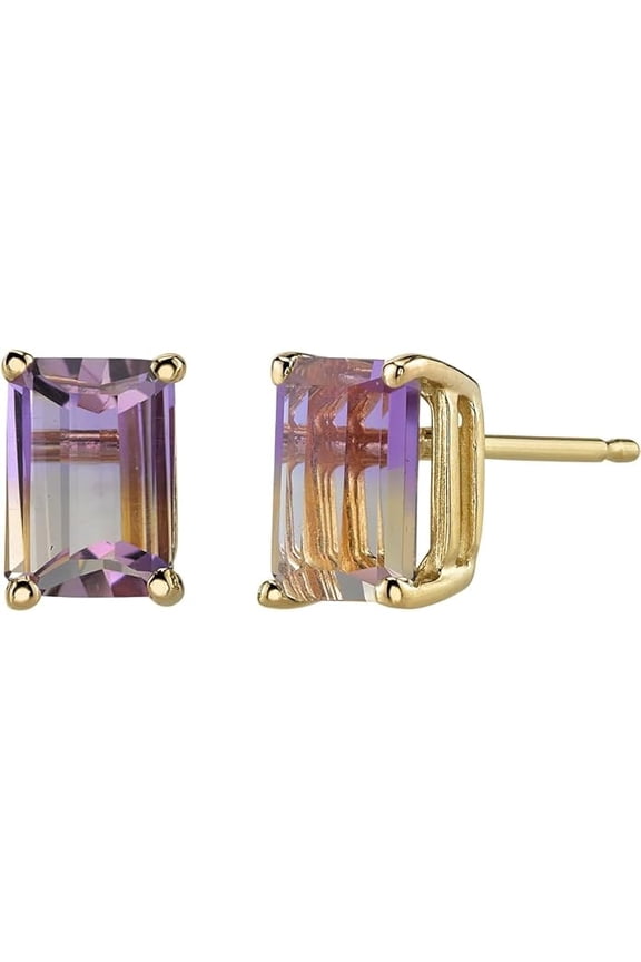 925 Sterling Silver 1.44 Ct Emerald Cut Ametrine Push Back Ladies Stud Earring's 14K Yellow Gold Plated For Women's