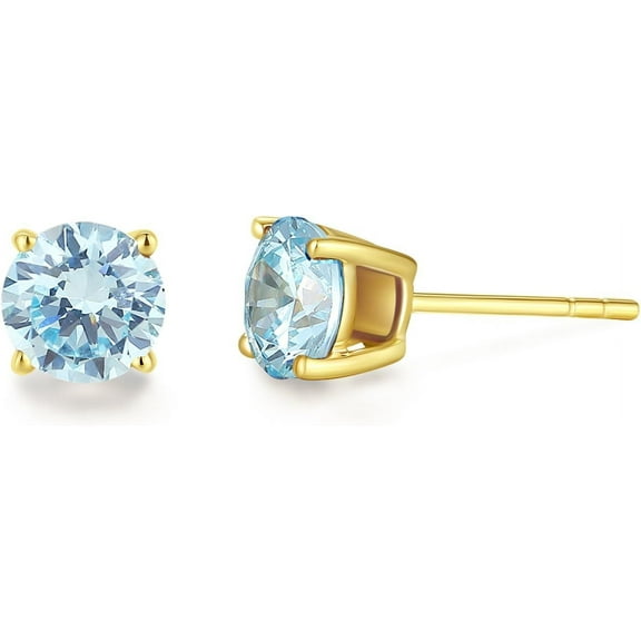 Rag Jewels 925 Sterling Silver 1.50 Ct Round Cut Aquamarine 4 Prong Push Back Stud Earring's 14K Yellow Gold Plated For Women's