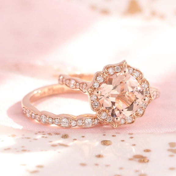 Rag Jewels 925 Sterling Silver 2.00 Ct Cushion Cut Morganite & Diamond Wedding Engagement Thanksgiving Christmas Bridal Ring Set 14K Rose Gold Plated For Women's -7