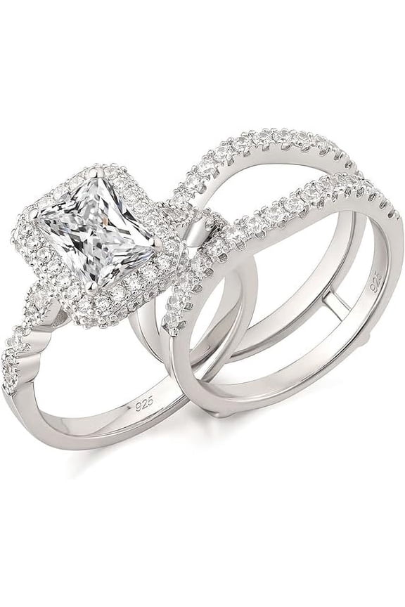 925 Sterling Silver 2.00 Ct Emerald Cut White Diamond Wedding Engagement Band Enhancer Engagement Bridal Ring Set 14K White Gold Plated For Women's -8.5