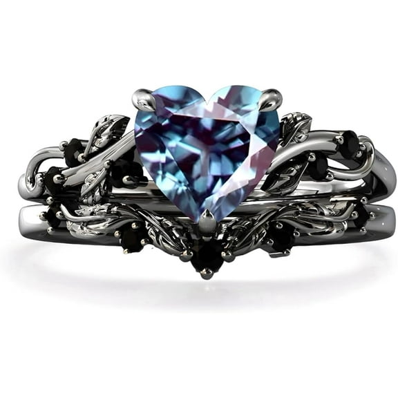 Rag Jewels 925 Sterling Silver 2.00 Ct Heart Cut Alexandrite & Black Diamond Wedding Valentine's Anniversary Christmas Bridal Ring Set 14K Black Gold Plated For Women's -6