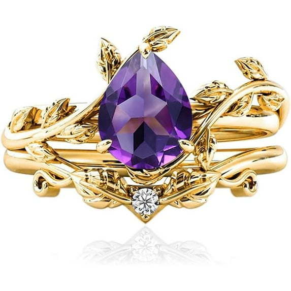 Rag Jewels 925 Sterling Silver 2.00 Ct Pear Cut Amethyst & Diamond Wedding Valentine's Anniversary Christmas Bridal Ring Set 14K Yellow Gold Plated For Women's -4.5