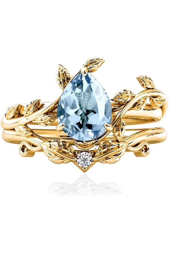 925 Sterling Silver 2.00 Ct Pear Cut Aquamarine & Diamond Wedding Valentine's Anniversary Christmas Bridal Ring Set 14K Yellow Gold Plated For Women's -5.5