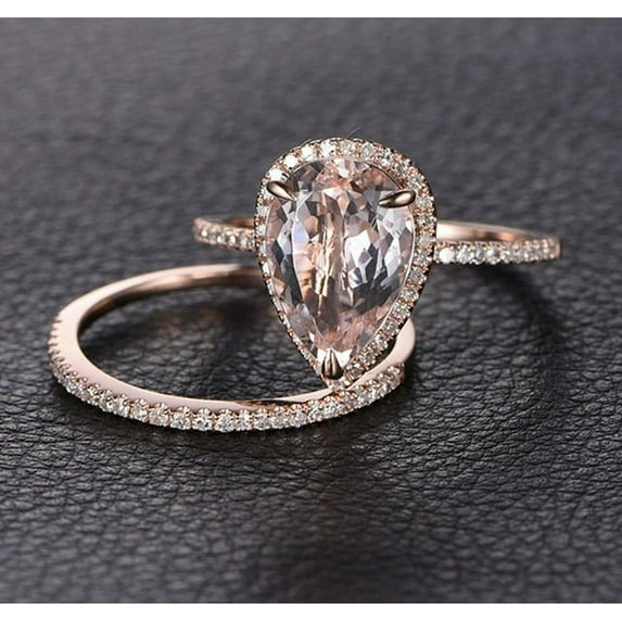 Rag Jewels 925 Sterling Silver 2.20 Ct Pear Cut Morganite & Diamond Wedding Engagement Thanksgiving Christmas Bridal Ring Set 14K Rose Gold Plated For Women's -6.5
