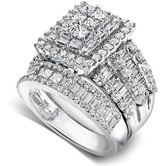 Rag Jewels 925 Sterling Silver 2.20 Ct Princess Cut White Diamond Wedding Engagement Valentine's Anniversary Christmas Bridal Ring Set 14K White Gold Plated For Women's -9.5