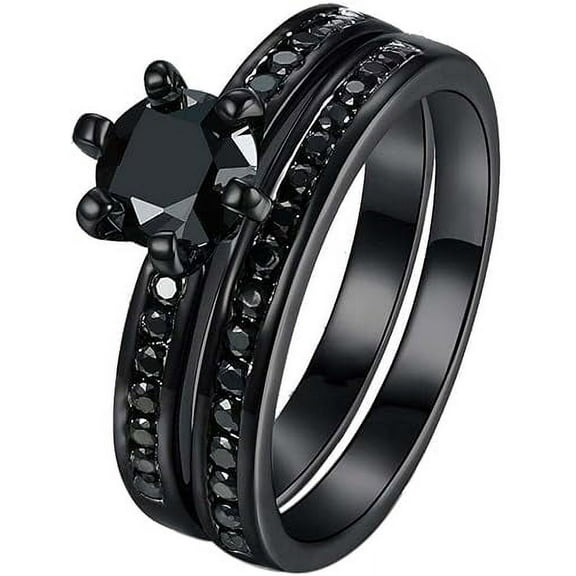 Rag Jewels 925 Sterling Silver 2.20 Ct Round Cut Black Diamond Wedding Engagement Thanksgiving Christmas Bridal Ring Set 14K Black Gold Plated For Women's -8.5