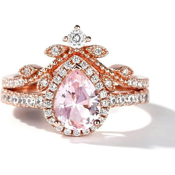 Rag Jewels 925 Sterling Silver 2.30 Ct Pear Cut Morganite & Diamond Wedding Engagement Thanksgiving Christmas Bridal Ring Set 14K Rose Gold Plated For Women's -7