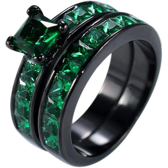 Rag Jewels 925 Sterling Silver 2.30 Ct Princess Cut Emerald Wedding Engagement Thanksgiving Christmas Bridal Ring Set 14K Black Gold Plated For Women's -5.5