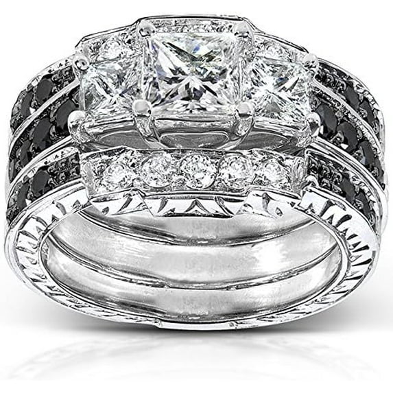 Rag Jewels 925 Sterling Silver 2.40 Ct Princess Cut White & Black Diamond Wedding Engagement Valentine's Anniversary Christmas Bridal Ring Set 14K White Gold Plated For Women's -10