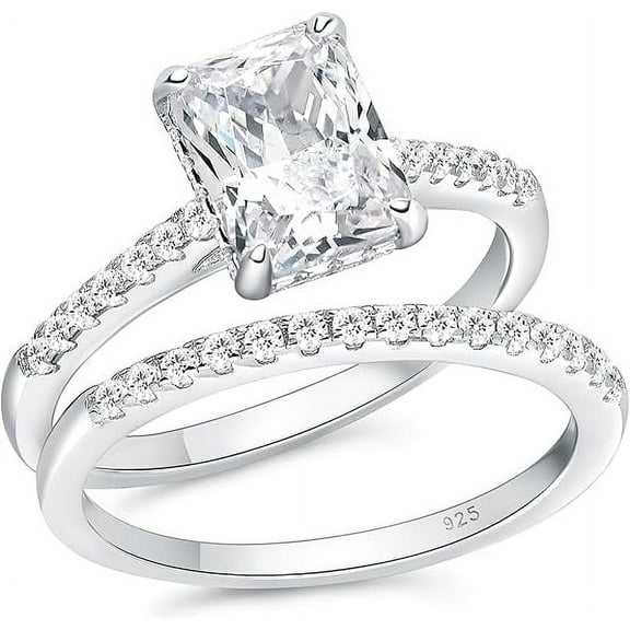Rag Jewels 925 Sterling Silver 2.45 Ct Emerald Cut White Diamond Wedding Engagement Thanksgiving Christmas Bridal Ring Set 14K White Gold Plated For Women's -7.5