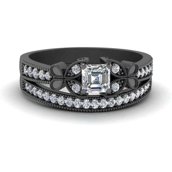 Rag Jewels 925 Sterling Silver 2.50 Ct Asscher Cut White Diamond Wedding Engagement Thanksgiving Christmas Bridal Ring Set 14K Black Gold Plated For Women's -4.5