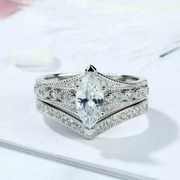 Rag Jewels 925 Sterling Silver 3.00 Ct Marquise Cut White Diamond Wedding Engagement Christmas Bridal Ring Set 14K White Gold Plated For Women's -7.5