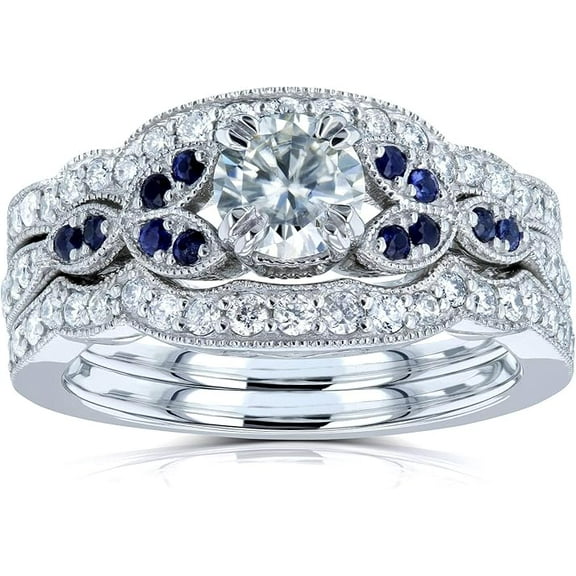 Rag Jewels 925 Sterling Silver 3.40 Ct Round Cut Diamond & Blue Sapphire Wedding Engagement Bridal Ring Set 14K White Gold Plated For Women's -4.5