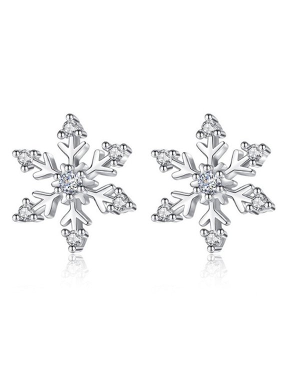 925 Sterling Silver Snowflake Diamond Earrings for Women, Rhodium Plated CZ Stud, Holiday Jewelry