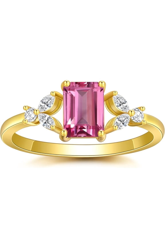 Women's 2.00 Ct Emerald Cut Pink Sapphire Christmas Thanksgiving Engagement Wedding Halo Ring 14K Yellow Gold Plated 925 Sterling Silver -9.5