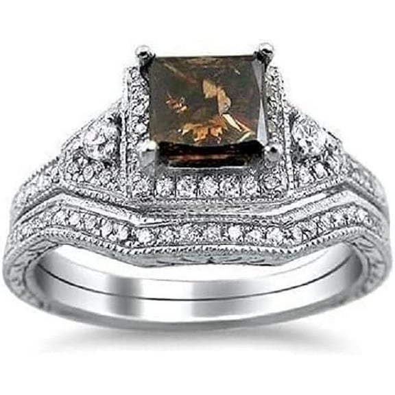 Rag Jewels Women's 2.50 Ct Princess Cut Brown Diamond Engagement Wedding Thanksgiving Christmas Bridal Ring Set 14K White Gold Plated 925 Sterling Silver -7