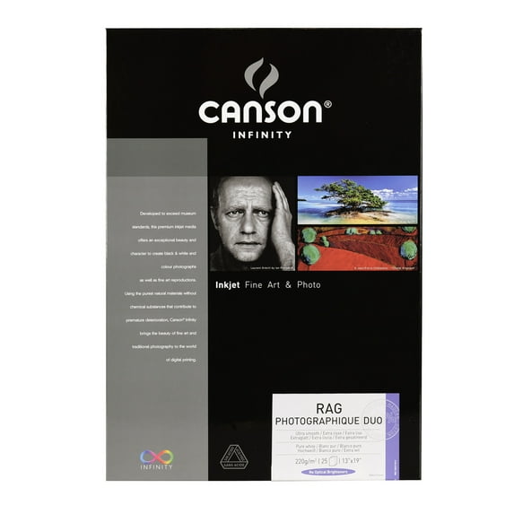 Canson Infinity Rag Photographique Duo 100% Cotton Rag, Double Sided, Ultra Smooth White Matte Inkjet Paper, 220gsm, 13x19", 25 Sheets