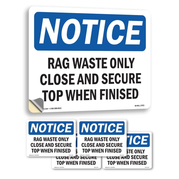 Rag Waste Only Close And Secure Top When Finished OSHA Notice Vinyl Decal Label 5 Inch x 3.5 Inch - 5 Pack