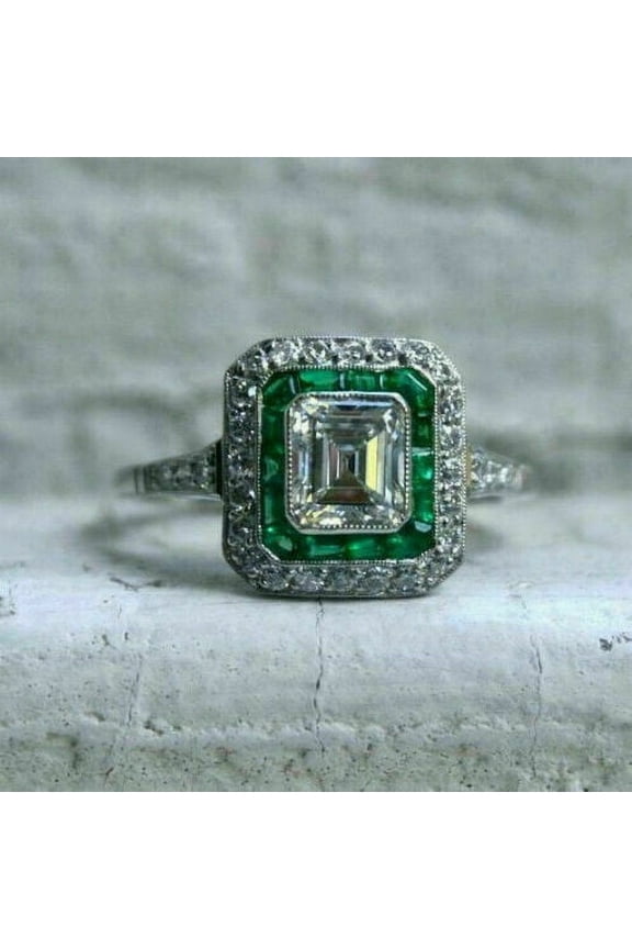 RagJewels 2.14 Ct Emerald Cut Sapphire & Diamond Wedding Engagement Halo Ring 14K White Gold Plated 925 Sterling Silver For Women's -7