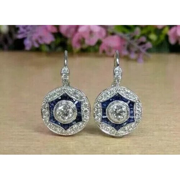 RagJewels 925 Sterling Silver 2.10 Ctw Princess Cut Sapphire & Diamond Engagement Wedding Tanksgiving Drop Dangle Earring's 14K 2 Tone Gold Plated For Women's