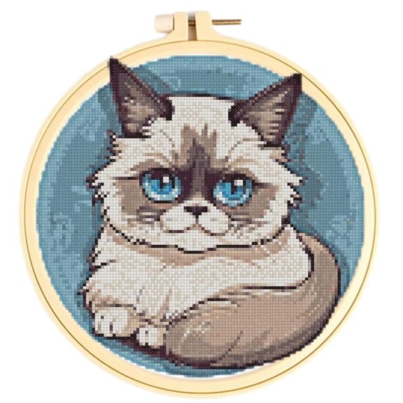 Ragdoll Cat Cross Stitch Kits for Starter Kits DIY 11CT Pre-printed Patterns Needlepoint Embroidery Cross Stitching Needlework Kit Set Supplies with Hoop 38x38cm