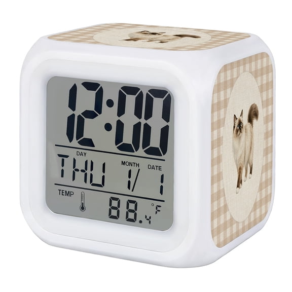 Ragdoll Cat Digital Alarm Clock for Bedrooms, Smart LED Alarm Clock with 7 Color Changing Night Light, Vintage Linen Plaid Farmhouse Pet Cats Silent Wake Up Clocks for Sleep Study Cooking 3.2"x3.2"