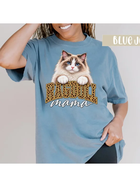 Ragdoll Cat Mama T-Shirt for Women, Cute Leopard Print Cat Mom Graphic Tee, Fluffy Kitten Lover Shirt, Gift for Ragdoll Owners