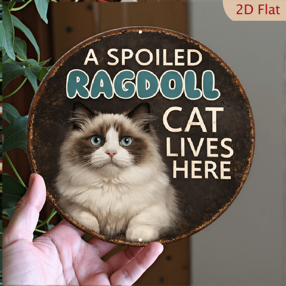 Ragdoll Cat Metal Wall Sign, 8x8 Inch Round Decorative Plaque, Farmhouse Pet Home Decor