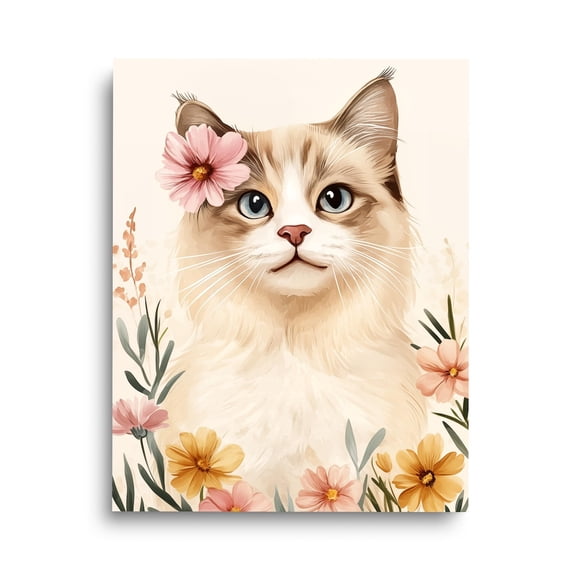 Ragdoll Cat Print, Floral Kitten Wall Art, Cute Kitty Poster, Pet Lover , Nursery Cat Decor, Girly Animal Artwork, Feline Art Home Decor #3716, Unframed Poster Size 8x12