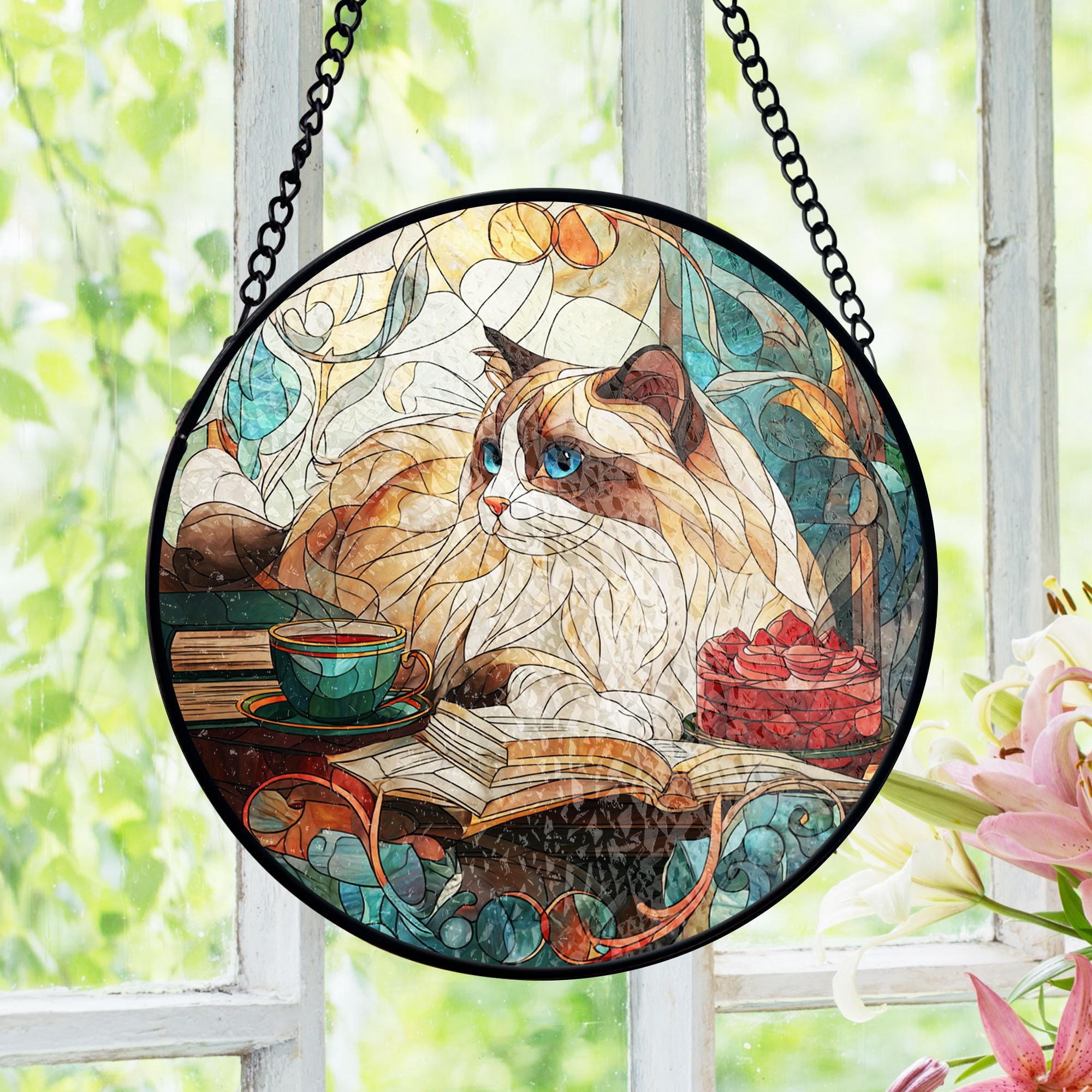 Ragdoll Cat Reading Book Stained Glass Suncatcher, Book Lover Gift ...