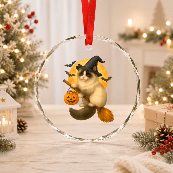 Ragdoll Cat Witch Flying On Broom With Candy Glass Ornament