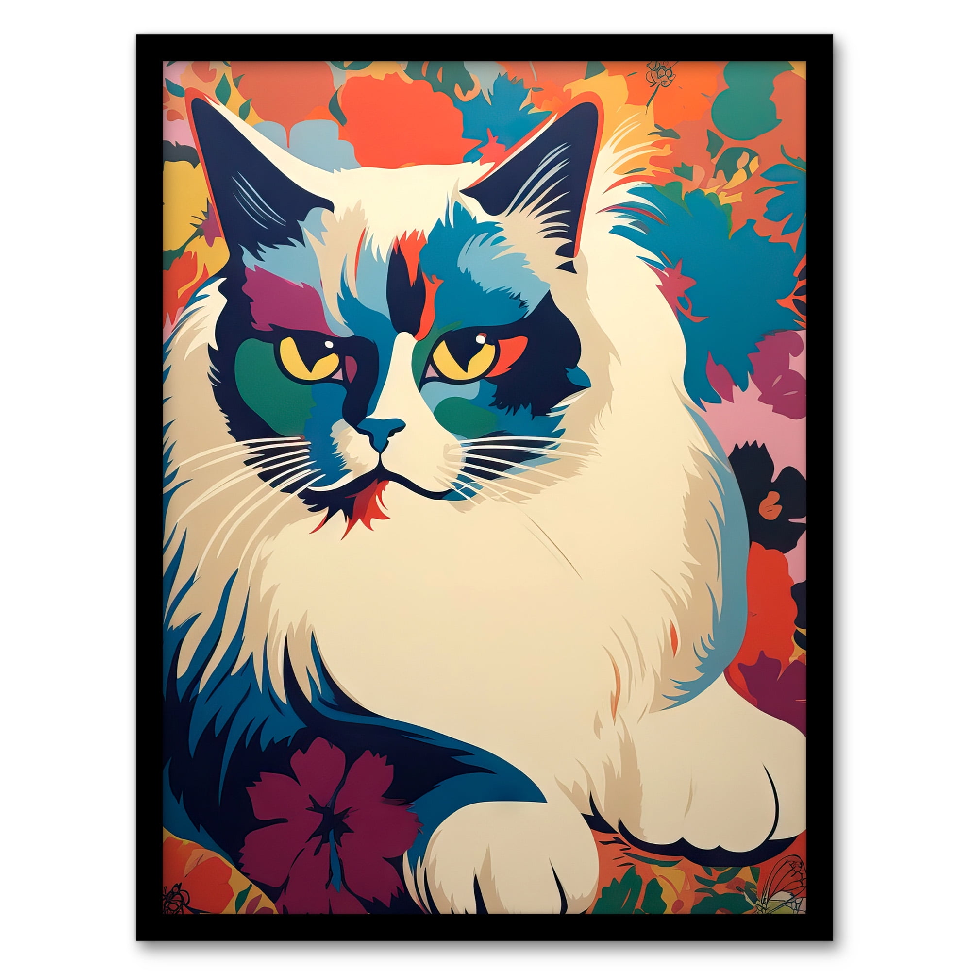 Ragdoll Cat With Flowers Pet Portrait Teal Blue Purple Orange Floral