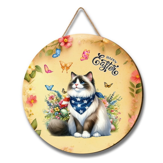Ragdoll Celebrates Spring and Enjoys a Happy Easter Round Wood Sign Cat Lover Kitten Owner Gifts Idea Hanging Wall Home Decor - 02001
