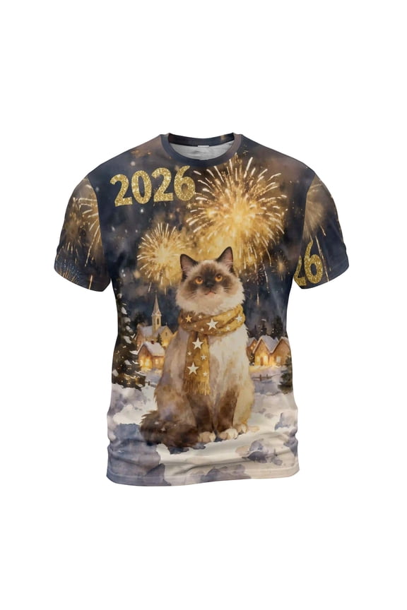 Ragdoll Happy New Year 2026 with Fireworks on New Year's Eve All Over Print 3D Shirt Unisex Merch Cat Lover Kitten Owner Gifts Idea - 12022