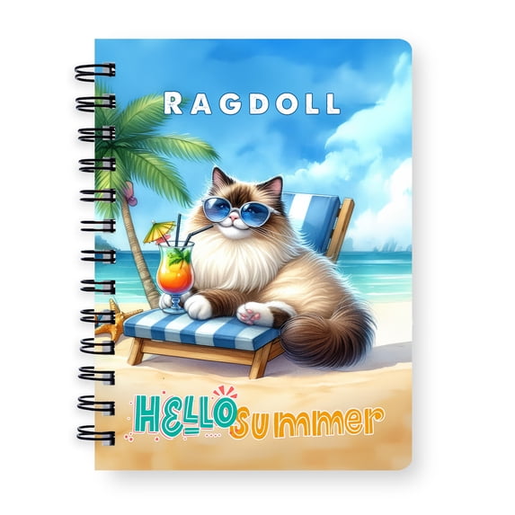 Ragdoll Hello Summer Beach Theme with Sunglasses and Tropical Cocktail Spiral Bound Journal Cat Lover Kitten Owner Gifts Idea 5x7in Spiral Notebook - 00009