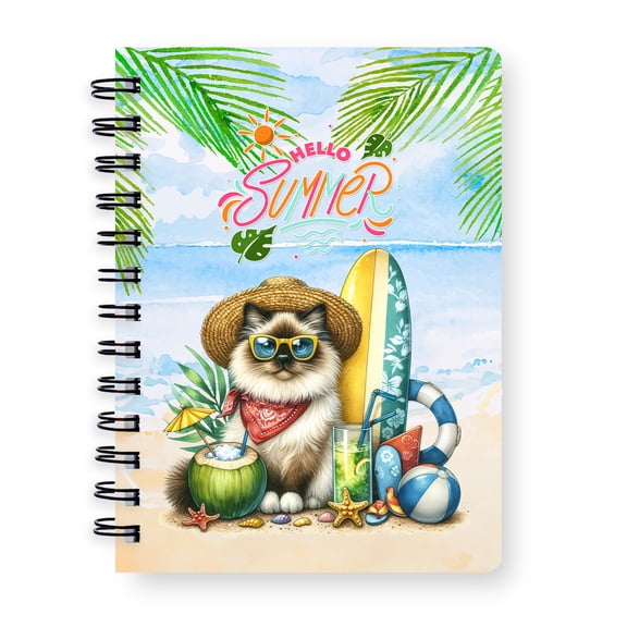 Ragdoll Hello Summer with Sunglasses and Surfboard Tropical Vibes Spiral Bound Journal Cat Lover Kitten Owner Gifts Idea 5x7in Spiral Notebook - 00007