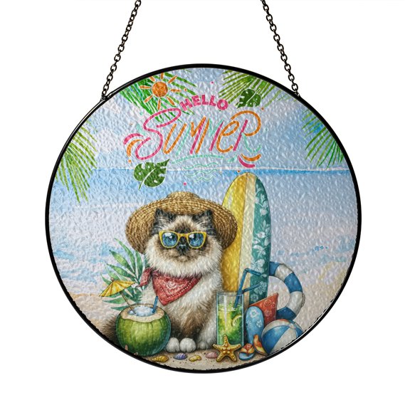 Ragdoll Hello Summer with Sunglasses and Surfboard Tropical Vibes Stained Glass Suncatcher Cat Lover Kitten Owner Gifts Idea Window Hanging Sign Decor - 00007