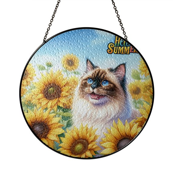 Ragdoll Hello Summer Sunshine Sunflowers Spring Retro Vintage Stained Glass Suncatcher Cat Lover Kitten Owner Gifts Idea Window Hanging Sign Decor - 00008