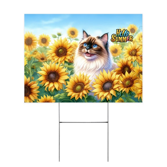 Ragdoll Hello Summer Sunshine Sunflowers Spring Retro Vintage Yard Sign Cat Lover Kitten Owner Gifts Idea Outdoor Home Lawn Garden Porch Decor - 00008