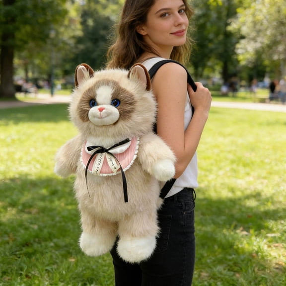 Ragdoll Kitty Stuffed Animal Backpack - Cute Doll Plush Toy & Double Shoulder Bag for Girls, School, Travel & Gift,Brown