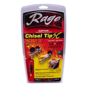 Rage 3-Blade Chisel Tip Slipcam 100 Grain Broadhead, 3 Pack, Steel Blades, Model R60100-3W