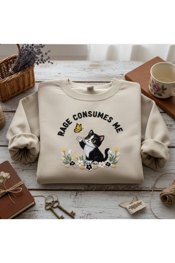 Rage Consumes Me Embroidered Sweatshirt Funny Cat Meme Shirt Cottagecore Embroidery Preppy Mental Health Gift for Cat Lovers Women