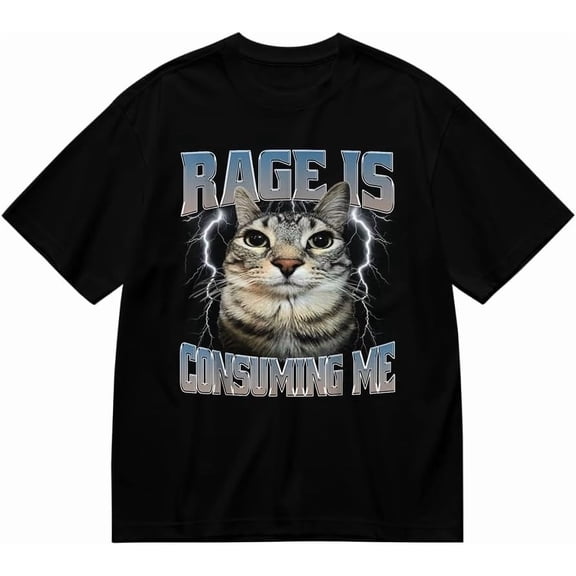 Rage Is Consuming Me – Funny Staring Cat Meme T-Shirt, Black, Unisex Round Neck Tee