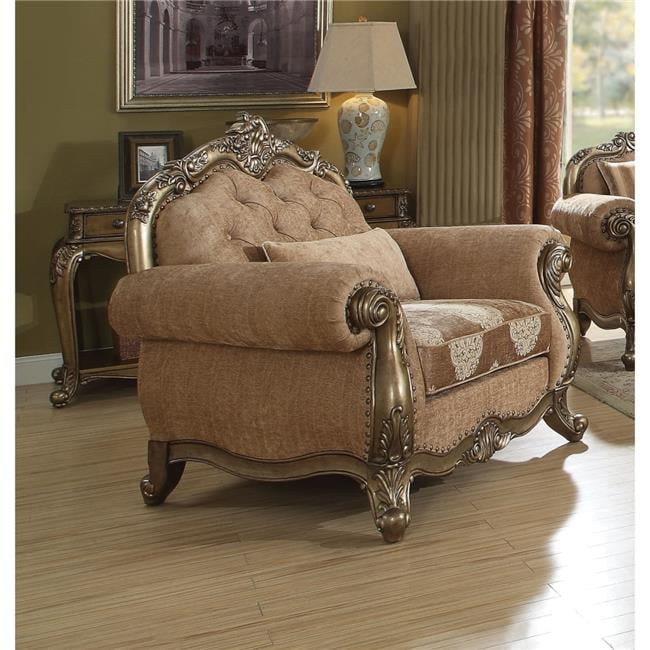 Elegant Vintage Oak and White Fabric Tufted Armchair with Decorative Pillow