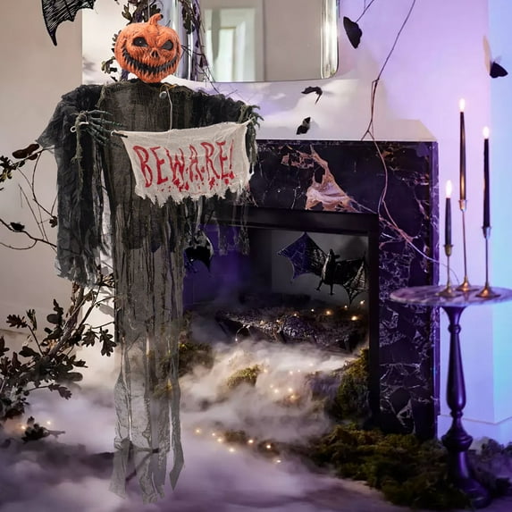 Ragged Swinging Halloween Pumpkin Decoration, Motion-Activated LED Light-Up Haunted Prop, Creepy Hanging Ghost for Porch Yard (Style A)