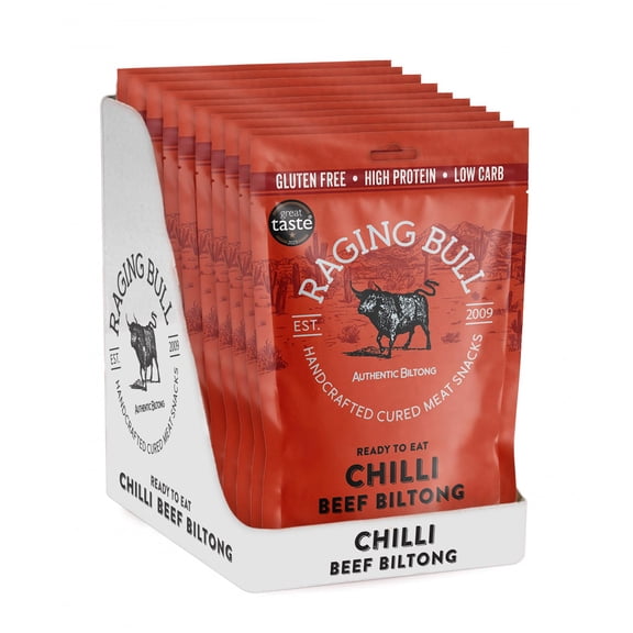 Raging Bull 280g Chilli Beef Biltong - 10 x 28g Pack - High Protein Snacks - Grass Fed Beef Biltong - Low Carb Keto - MSG Free Carnivore Snacks - Natural Meat Low Calorie