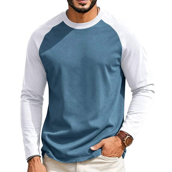 Raglan Color Block Tshirt for Men Long Sleeve Crew Neck Soft Casual Tshirts, L
