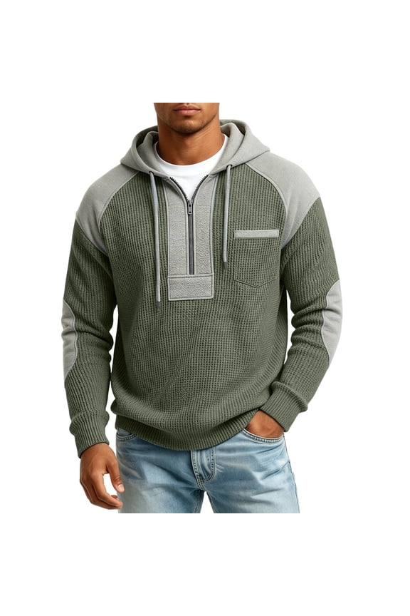 Raglan Hooded Pullover Men Waffle Textured Half Zip Color Block Long Sleeve Loose Fit Casual Daily Street Sweatshirt Army Green S