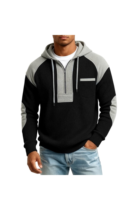 Raglan Hooded Pullover Men Waffle Textured Half Zip Color Block Long Sleeve Loose Fit Casual Daily Street Sweatshirt Black XXL
